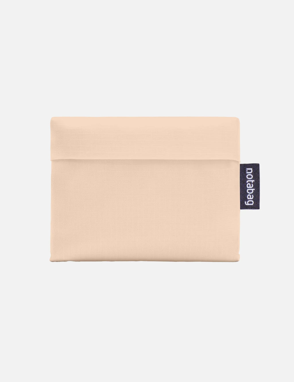 Beige pouch with a visible brand tag on a white background