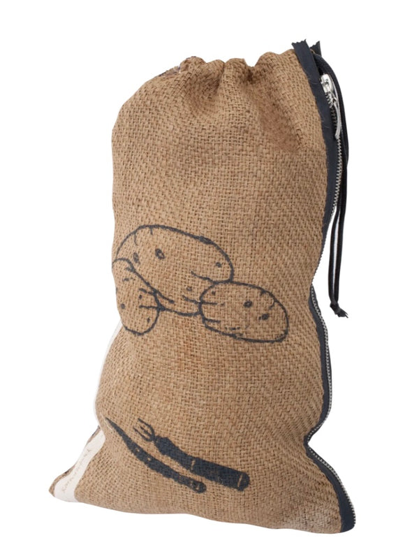 Jute drawstring bag with potato design on a white background