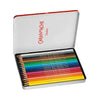 An open metal tin of Caran d'Ache Gelibolt colored pencils, showing a full rainbow of pencil colors arranged in rows against a white background.