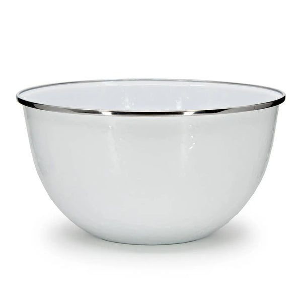 White enamel bowl with a silver rim on a white background