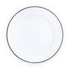 Round white plate with a black rim on a white background