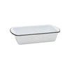 White enamel loaf pan with black rim on a white background