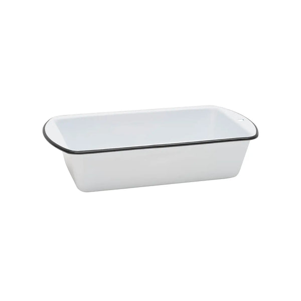 White enamel loaf pan with black rim on a white background