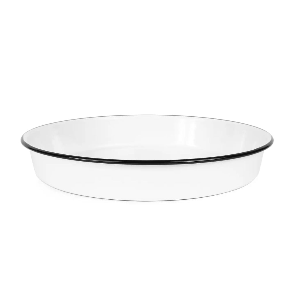 White serving tray with black rim on a white background
