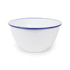 White bowl with a blue rim on a white background