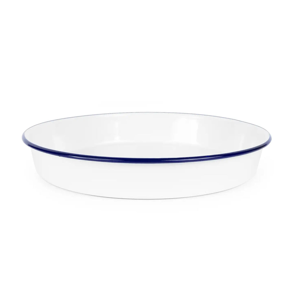 White serving tray with a blue rim on a white background