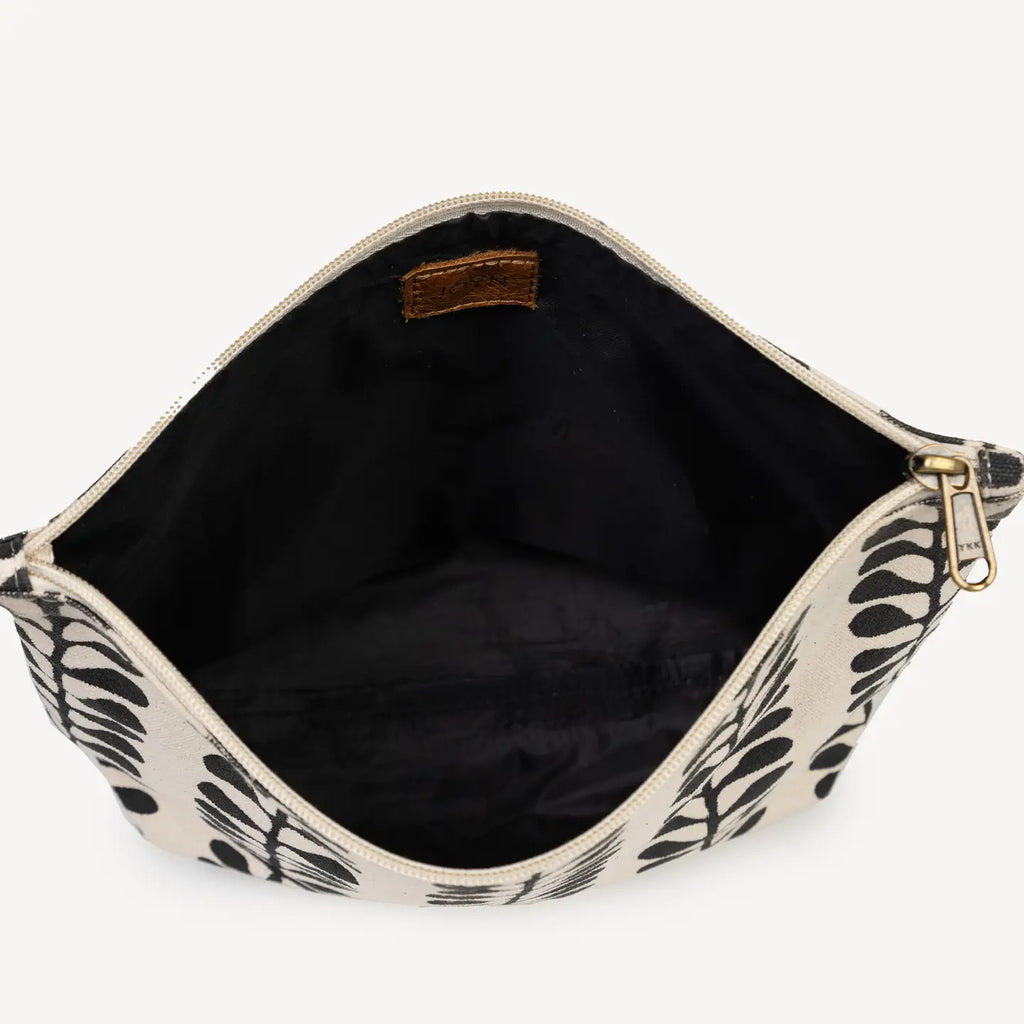 Zipper pouch with black leaf pattern on a white background