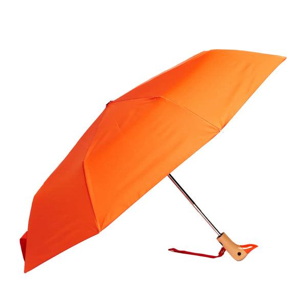 Orange umbrella with a wooden handle on a white background