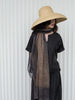 A woman wearing a wide-brimmed straw hat, a black short-sleeve dress, and a dark brown and black sheer scarf, standing against a white ribbed wall.