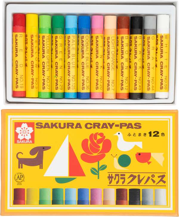Set of Sakura Cray-Pas crayons in a box with colorful packaging.