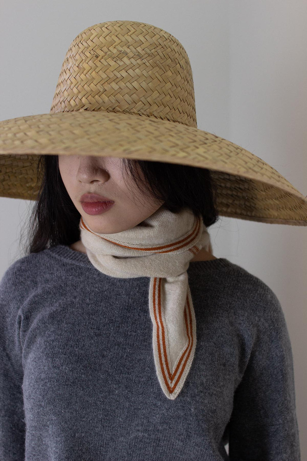 Person wearing a wide-brimmed straw hat and a striped scarf against a neutral background
