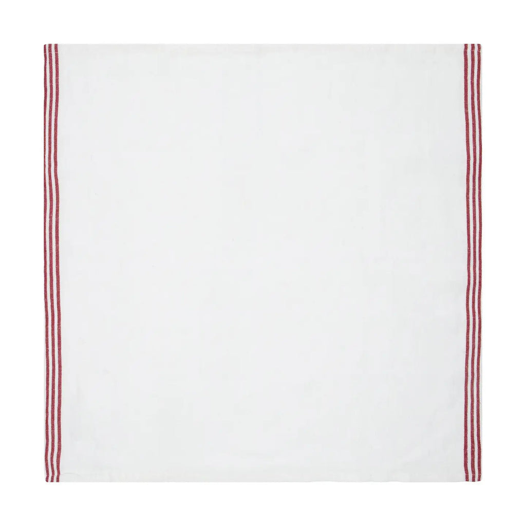 A square white napkin featuring two narrow vertical red stripes along the left and right edges, shown flat against a white background.