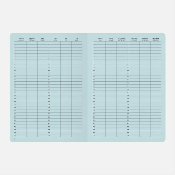 Large light blue checklist or scorecard with columns and rows on a white background