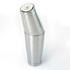 Silver cocktail shaker with a brand logo on a white background