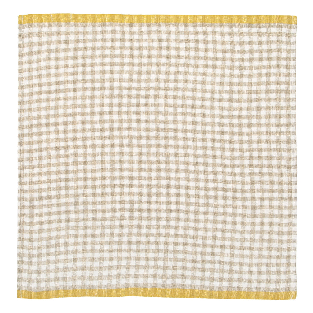 A square linen napkin featuring a beige and white gingham check pattern with a solid mustard yellow border.