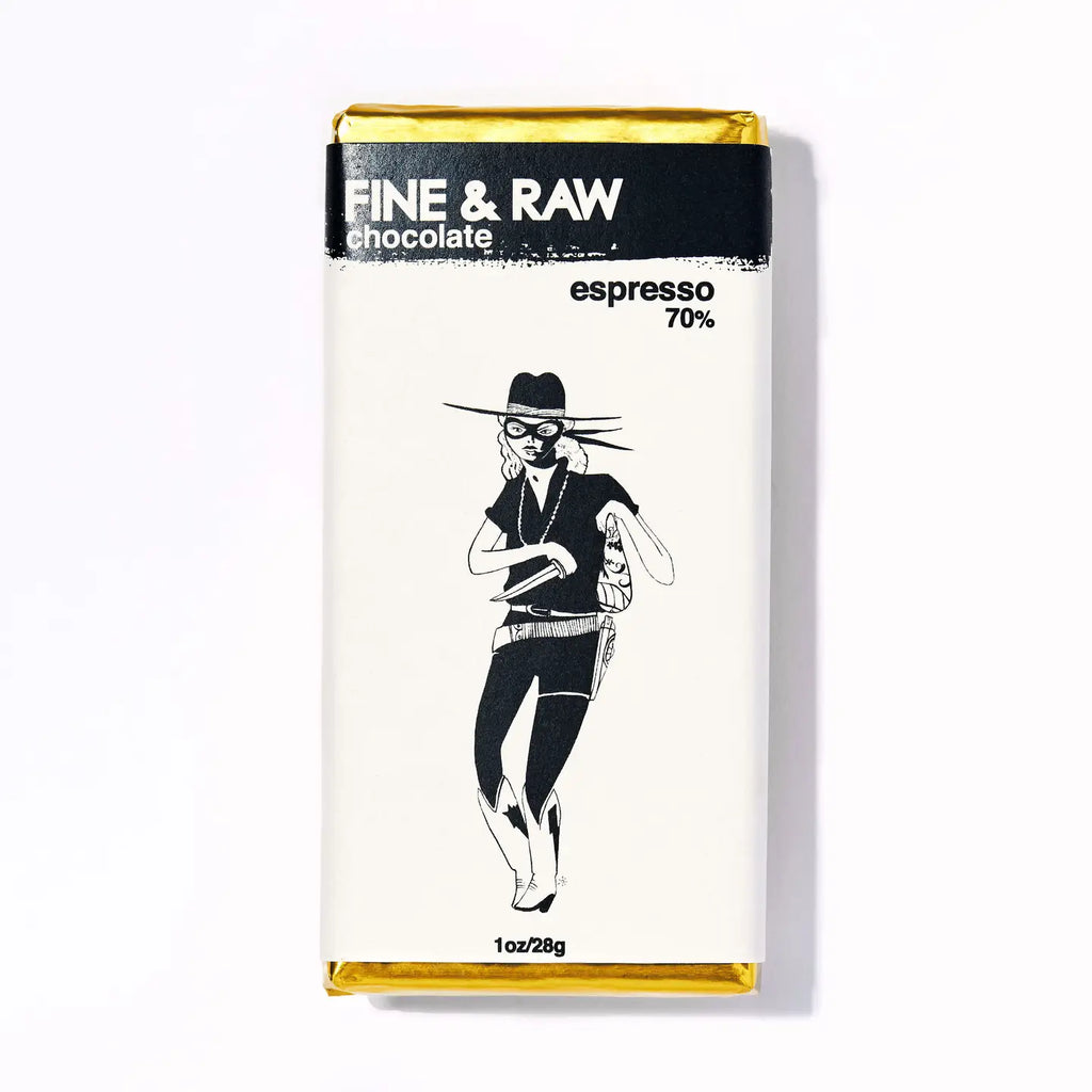 Fine & Raw chocolate bar packaging with an illustration of a person wearing a hat and coat on a white background.