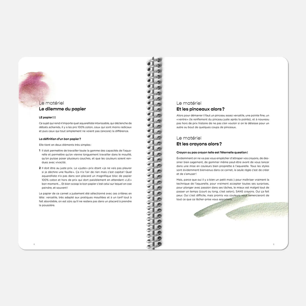 Open book with text and watercolor illustrations on a white background