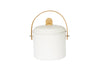 A white cylindrical scompost bin with a matching lid, featuring a light wood handle grip and a wooden carrying handle, set against a plain white background.