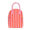 Red and pink striped bag with a handle on a white background