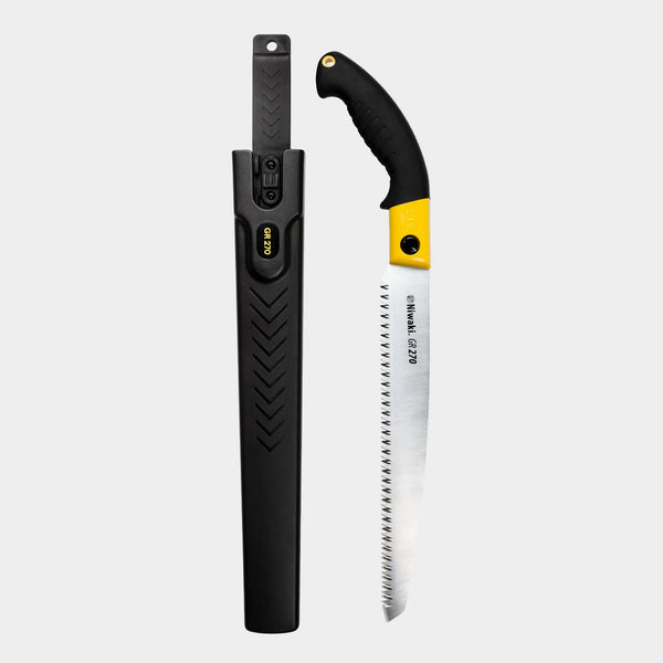 Hand saw with black handle and yellow blade cover on a white background