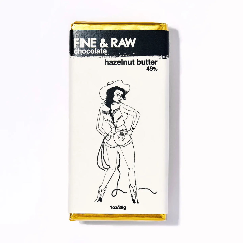 Fine & Raw chocolate bar packaging with a woman illustration on a white background