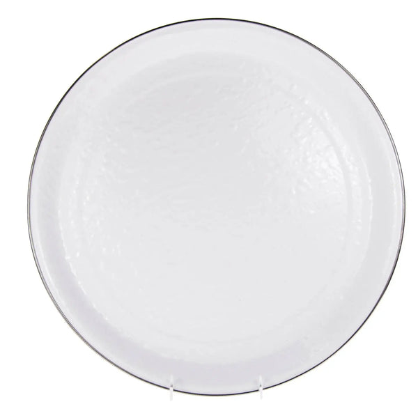 enamel serving tray with silver rim on a white background