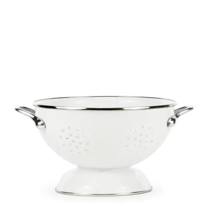 White colander with silver handles on a white background
