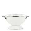 White colander with silver handles on a white background