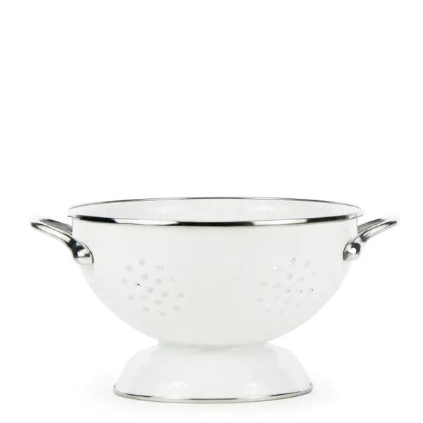 White colander with silver handles on a white background