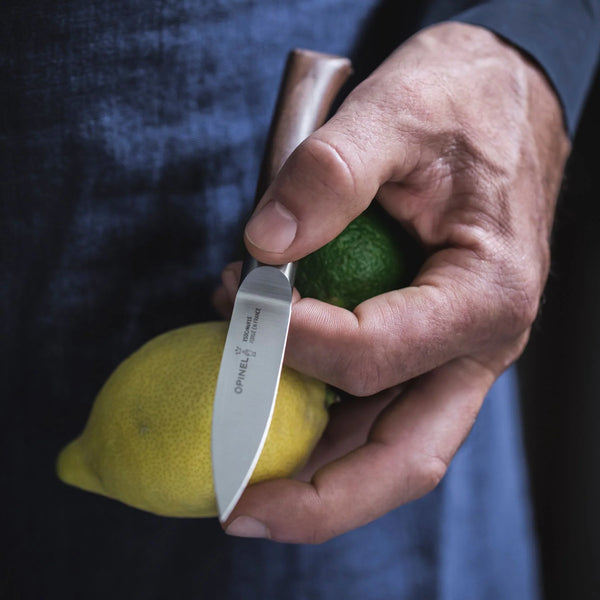 Hand holding a knife between a lemon and a lime against a dark background