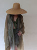 A person wearing a large woven straw sun hat, a sheer taupe-beige shawl draped over an olive green bikini, standing against a plain off-white background.