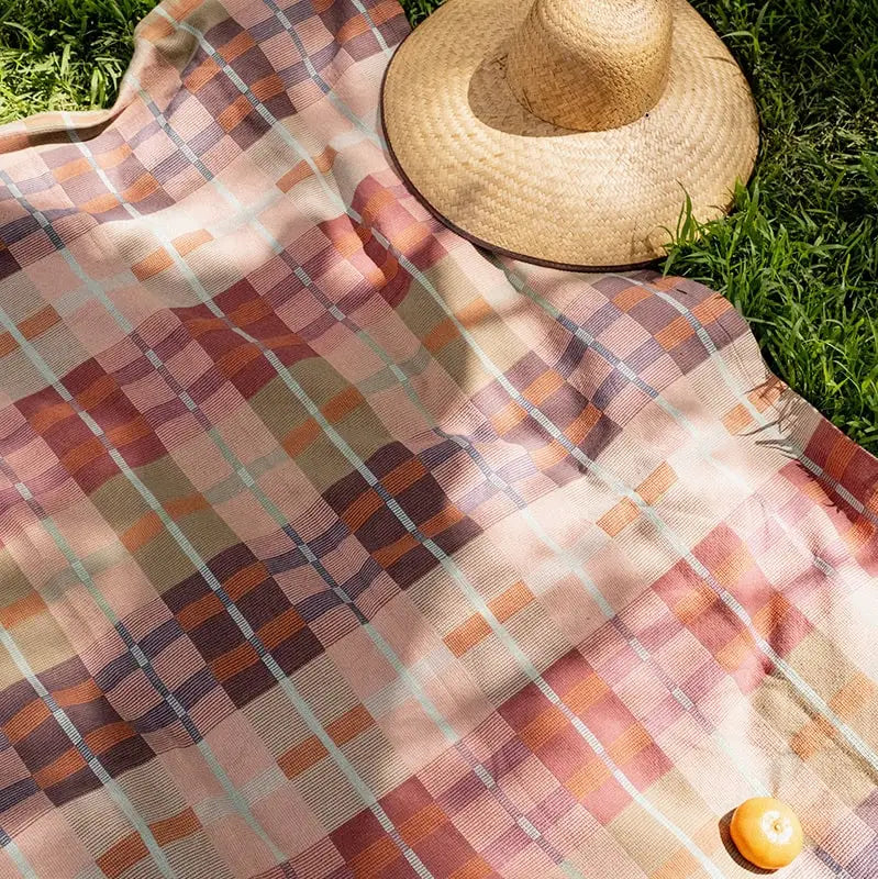 Checkered picnic blanket with a straw hat on grass