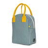 Blue and white striped bag with yellow handles on a white background