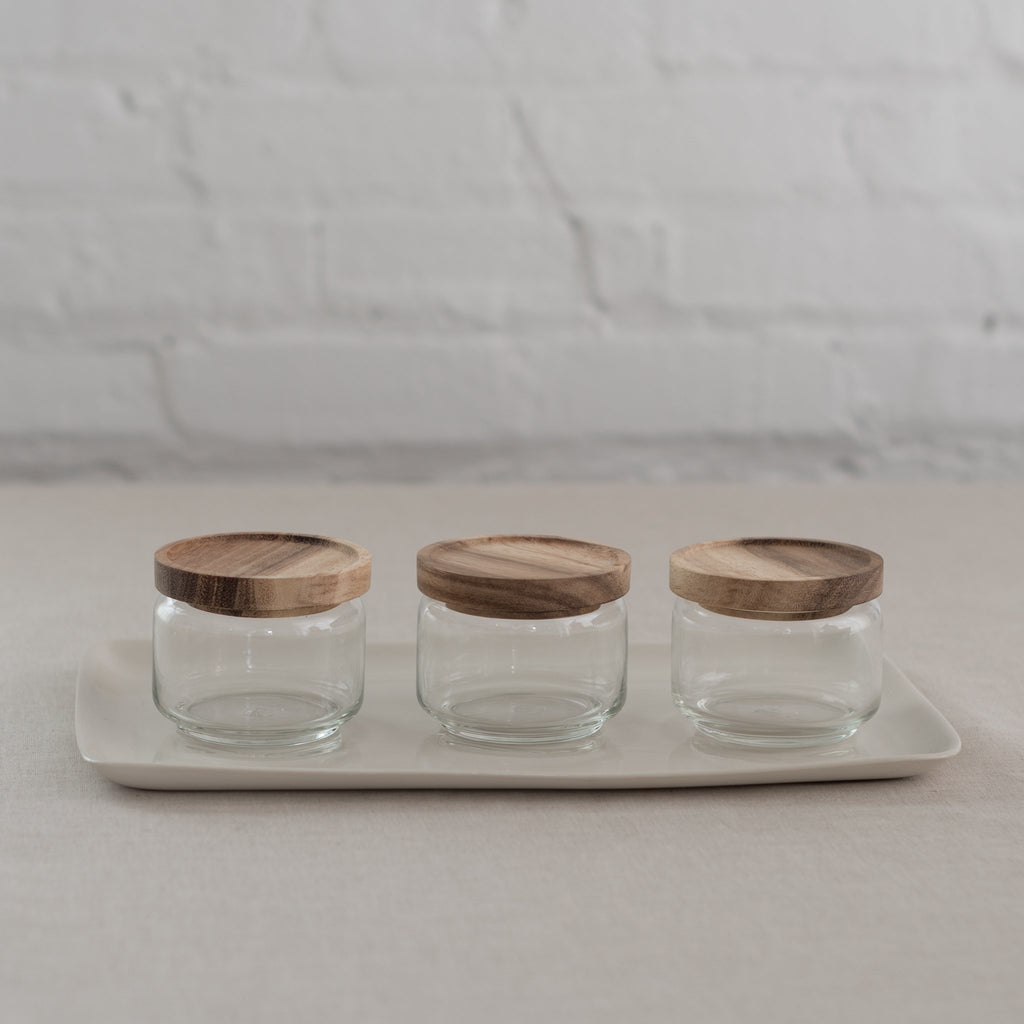 acacia wood top glass jars - glass storage jars with wood top- behome glass containers - glass storage jars