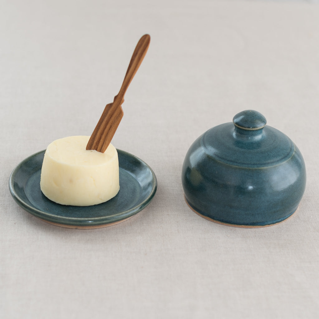 domed butter set - ceramic butter dish - stormy blue butter dish - white butter dish 